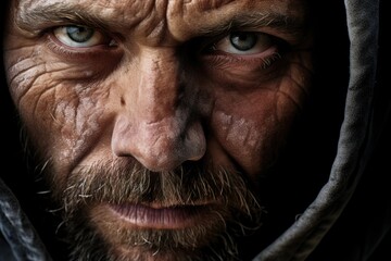 Obraz premium Closeup of a mans tired face, lines etched deep from the trauma of fleeing his homeland as a refugee.