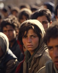 Obraz premium Closeup of a line of exhausted refugees, waiting in line for food and supplies in a crowded camp.