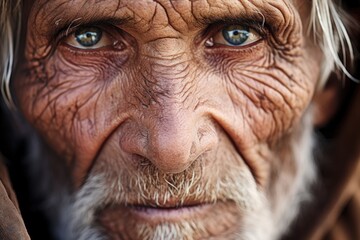 A weathered closeup of an elderly refugees face, lined with wrinkles and a story of resilience and survival.