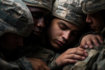Fototapeta premium Closeup of a group of soldiers huddled together, seeking comfort and solidarity in the midst of the chaos and violence surrounding them.