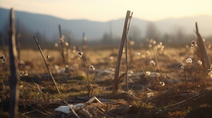Closeup of a field littered with makeshift graves, a grim reminder of the lives lost in the relentless pursuit of victory.
