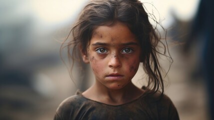 A haunting closeup of a child caught in the crossfire, a heartbreaking innocent victim of war. - obrazy, fototapety, plakaty