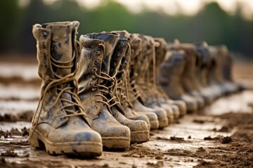 A row of combat boots covered in mud and , a solemn reminder of the sacrifices made by soldiers.