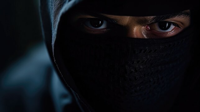 In this closeup, a hostages face is masked by a black hood, dehumanizing them and emphasizing their captivity.