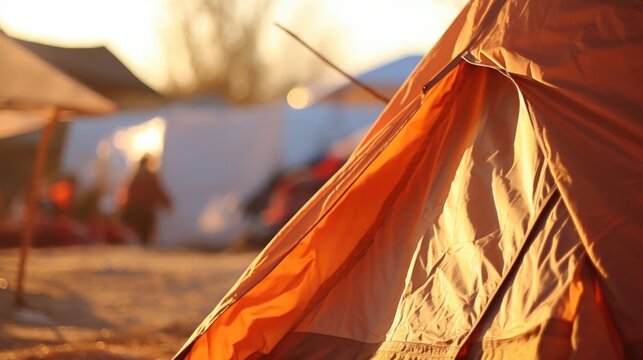 A closeup of a tent in a refugee camp, the only semblance of shelter for many disp families.