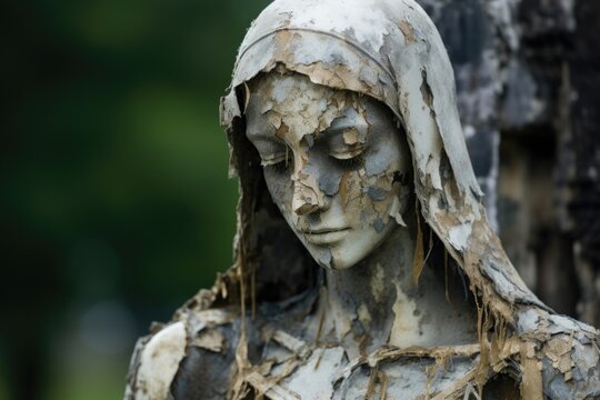 Closeup of a statue or monument, damaged and defaced by the raes of war, a haunting symbol of the destruction it brings.