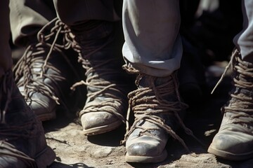 Closeup of a hostages feet, tied together with rope, as they struggle to move.