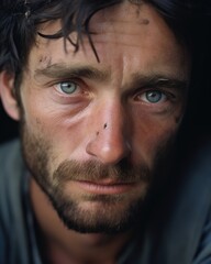 Closeup of a hostages exhausted face, showing signs of sleep deprivation and stress. - obrazy, fototapety, plakaty