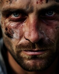 Obraz premium Closeup of a bruised and beaten hostage, with a look of defeat and resignation in their eyes.