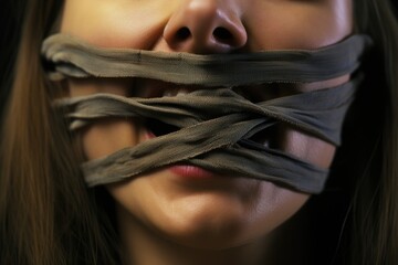 Desperate closeup of a hostages tied tongue, silenced and unable to seek help. - obrazy, fototapety, plakaty