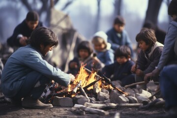 Closeup of a group of refugees gathered around a small fire, trying to stay warm and cook whatever...