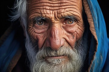 Closeup of an elderly refugee, their wrinkled face showing signs of resilience and strength despite their difficult circumstances.