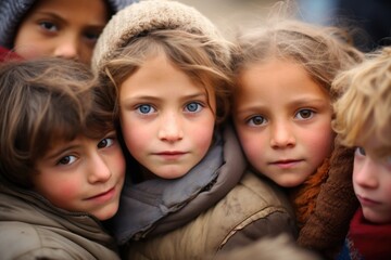 Closeup of a group of children huddled together in a crowded refugee camp, their innocent faces showing the harsh reality of displacement. - obrazy, fototapety, plakaty