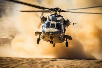 A helicopter taking off in a cloud of dust and debris, seen in closeup as it prepares for a mission.