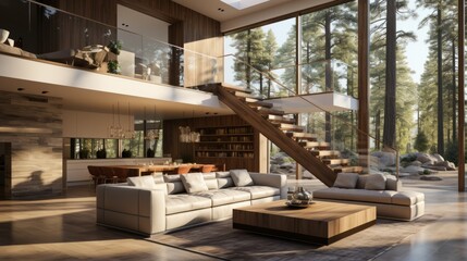 Obraz na płótnie Canvas Two-story minimalist interior design of a modern house. Generative AI