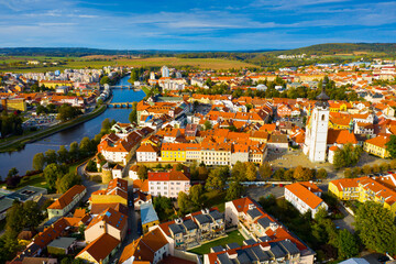 Fototapeta na wymiar Aerial cityscape of small Czech town Pisek