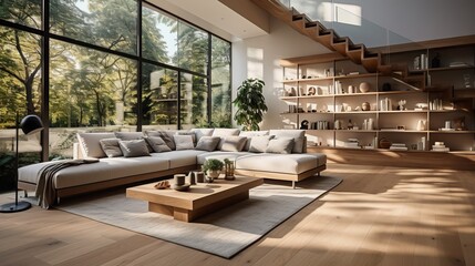 Two-story minimalist interior design of a modern house. Generative AI