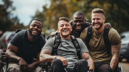 Group of friends Disabled sportsman in wheelchair inclusive disability Adaptive sports - obrazy, fototapety, plakaty