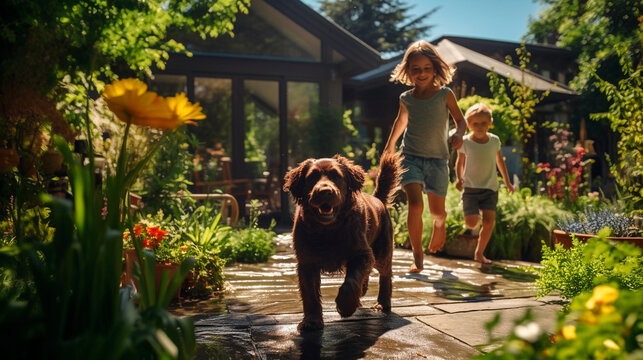 Children running and playing with their pet dog in the backyard of a house with canine companionship