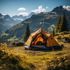 Camping tent in swiss alps mountain mountain hike