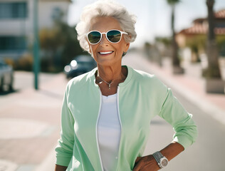 Senior woman, exercising outdoor, walking on road. 