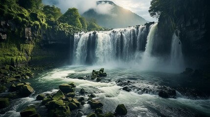 Fototapeta na wymiar Waterfall surrounded by clouds. Generative AI