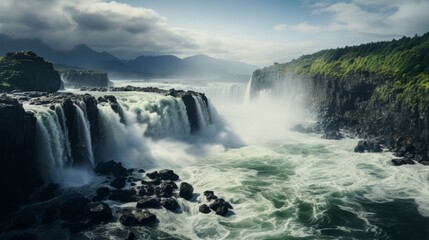 Fototapeta premium Waterfall surrounded by clouds. Generative AI