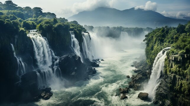 Waterfall surrounded by clouds. Generative AI