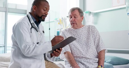 Man, doctor and patient in consultation, diagnosis or explaining prescription on hospital bed. Male person, medical or healthcare surgeon consulting customer for health advice or results at clinic - Powered by Adobe