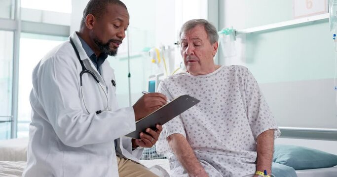 Man, doctor and patient in consultation, diagnosis or explaining prescription on hospital bed. Male person, medical or healthcare surgeon consulting customer for health advice or results at clinic