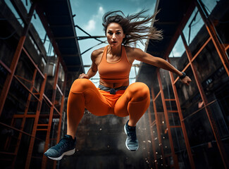 Fototapeta na wymiar Woman working out, jumping in an urban environment.