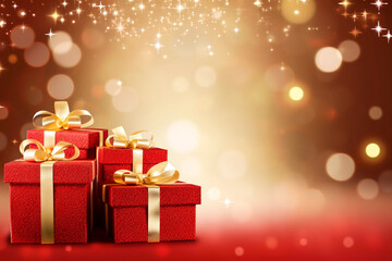 Festive red Christmas gift boxes with gold ribbons and golden brown background with Boca lights and stars Christmas card image Christmas greeting copyspace desktop background Xmas image
