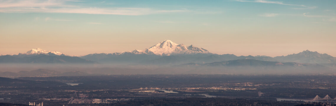 Panoramic View of Mt Baker seen from North Vancouver, British Columbia, Canada