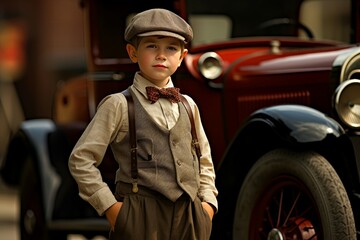 Charming American 1920 child boy. Old american car. Generate AI