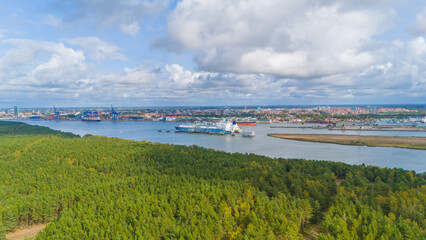 Aerial view of floating LNG storage and regasification unit. The liquefied-natural-gas (LNG) ship INDEPENDENCE - LNG import terminal in Lithuania.