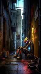 A sad broken down robot in a back alley in a futuristic cyberpunk city. Generative AI. 
