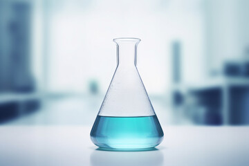 Erlenmeyer flask lying on a white lab bench filled with a blue liquid, glassware equipment for scientific experiment in a medicine biology healthcare chemistry research laboratory