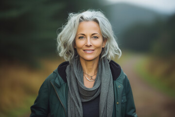 Beautiful mature woman with gray long hair smiling, walking in the countryside, portrait of a senior woman, beautiful eyes, wearing a dark parka and scarf, necklace, blurred country background - obrazy, fototapety, plakaty