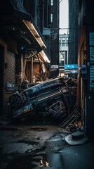 Fototapeta na wymiar A sad broken down robot in a back alley in a futuristic cyberpunk city. Generative AI. 