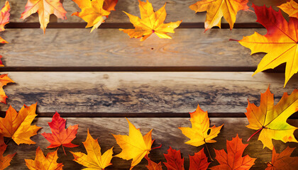 Naklejka na ściany i meble Autumn maple leaves on wooden table.Falling leaves natural background.