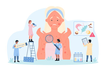Diagnosis of allergy at examination with allergist vector illustration. Cartoon tiny people with magnifying glass research allergic symptoms on skin of woman, doctors advise antihistamine treatment