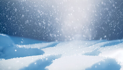 Fototapeta na wymiar Beautiful ultrawide background image of light snowfall falling over of snowdrifts.