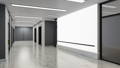 Perspective view of blank light wall with place for poster or banner in a modern office corridor interior. D Rendering, mockup