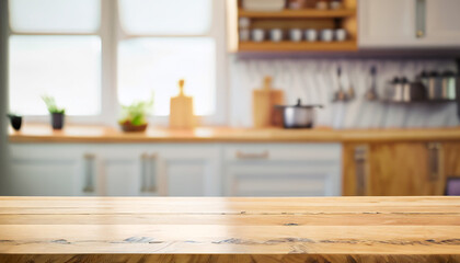Fototapeta na wymiar Wood table top on blur kitchen counter (room)background.