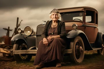 Gordijnen American old woman car 1920 year. Pretty female. Generate Ai © juliars