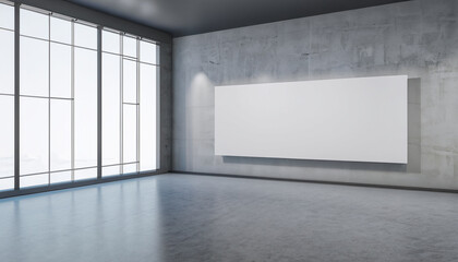 Clean concrete gallery interior with mock up place on walls and white windows. Museum room concept. D Rendering.