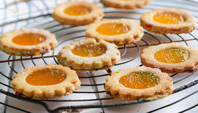 Close up of pistachio linzer cookies with orange marmalade on cooling rack