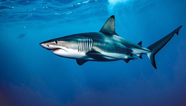 great white shark swimming in the deep blue ocean