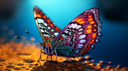 Fototapeta na wymiar a closeup macro shot of a small tiny colorful butterfly on a leaf. Generative AI