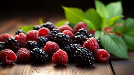 Fresh blackberry and raspberry on the wooden table top